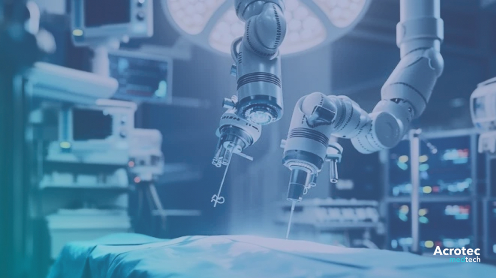 Robotic surgical arms equipped with precision instruments performing a procedure in a high-tech operating room, surrounded by medical monitors and equipment.