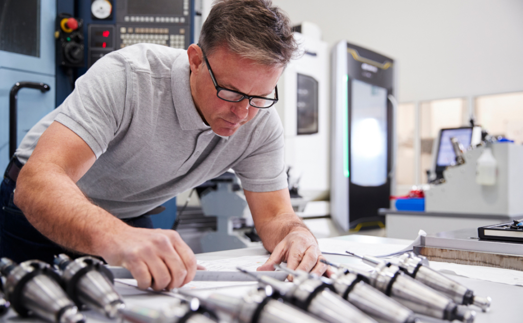 Engineer reviewing technical drawings and precision components in a medical device manufacturing workshop to optimize production quality and lead times.